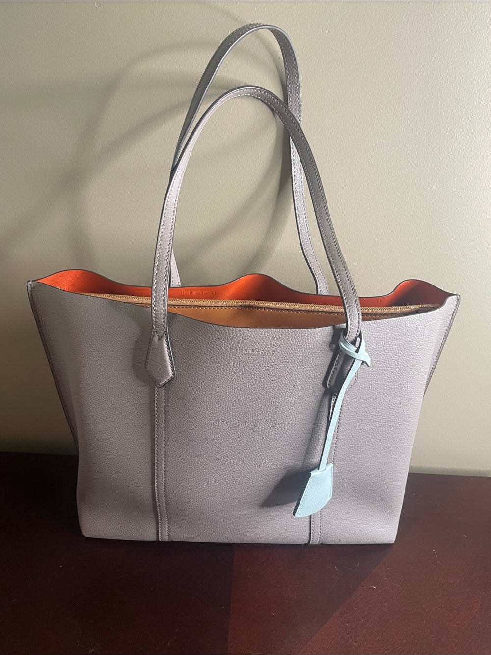 Tory Burch Gray Tote with Orange Interior and Light Blue Charm